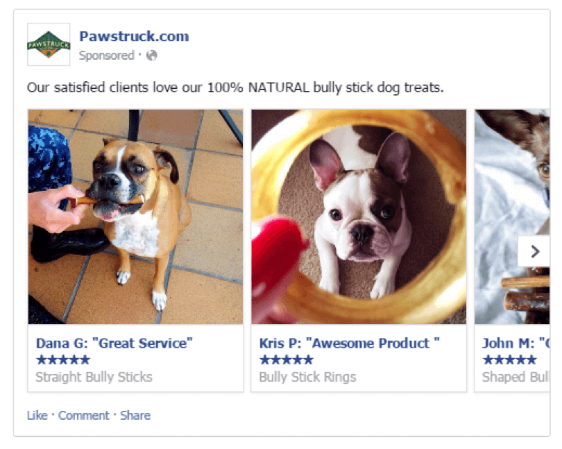 Pawstruck using testimonials with the carousel ad format