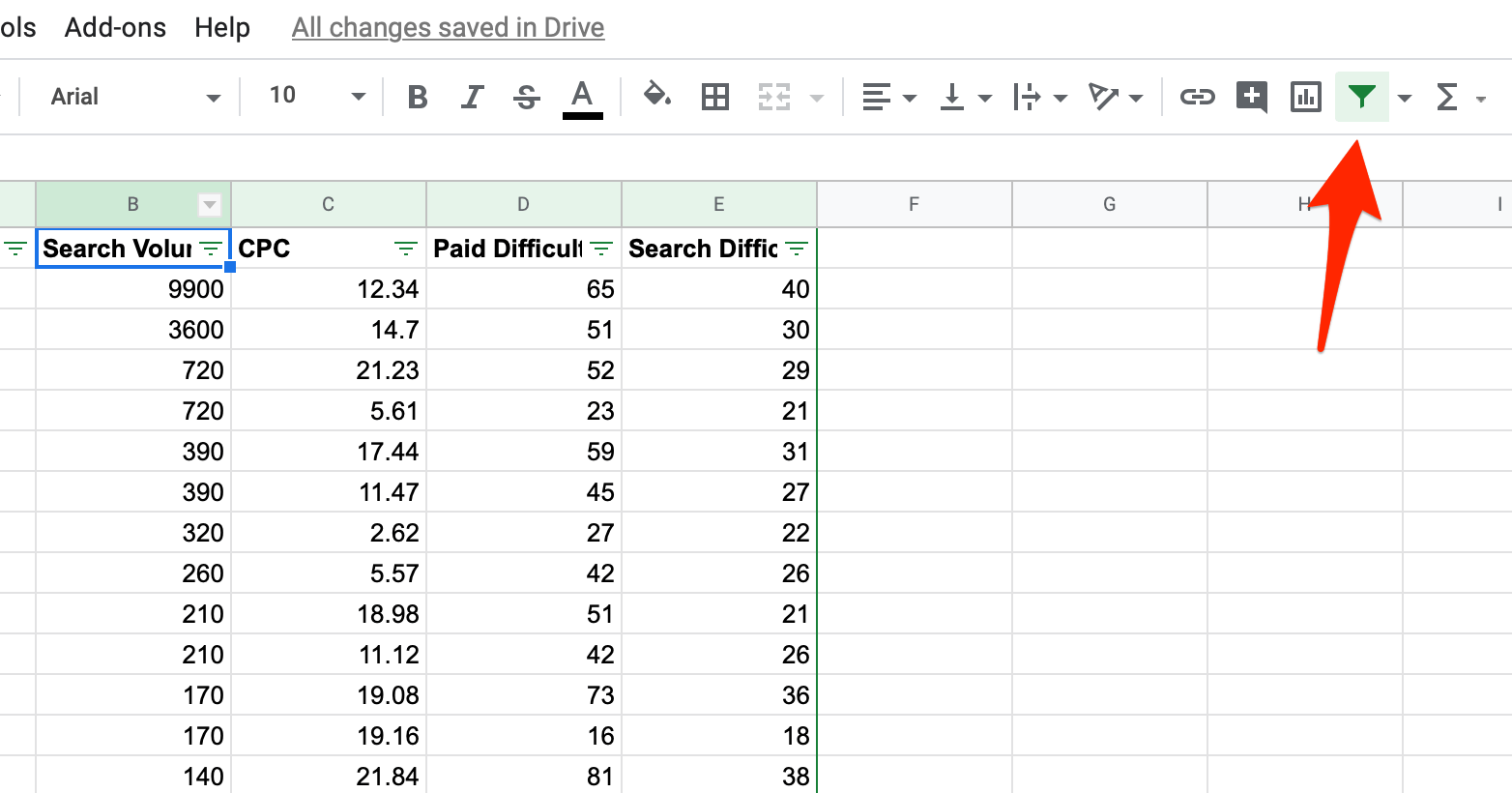 Creating filters for keyword data in Google Sheets