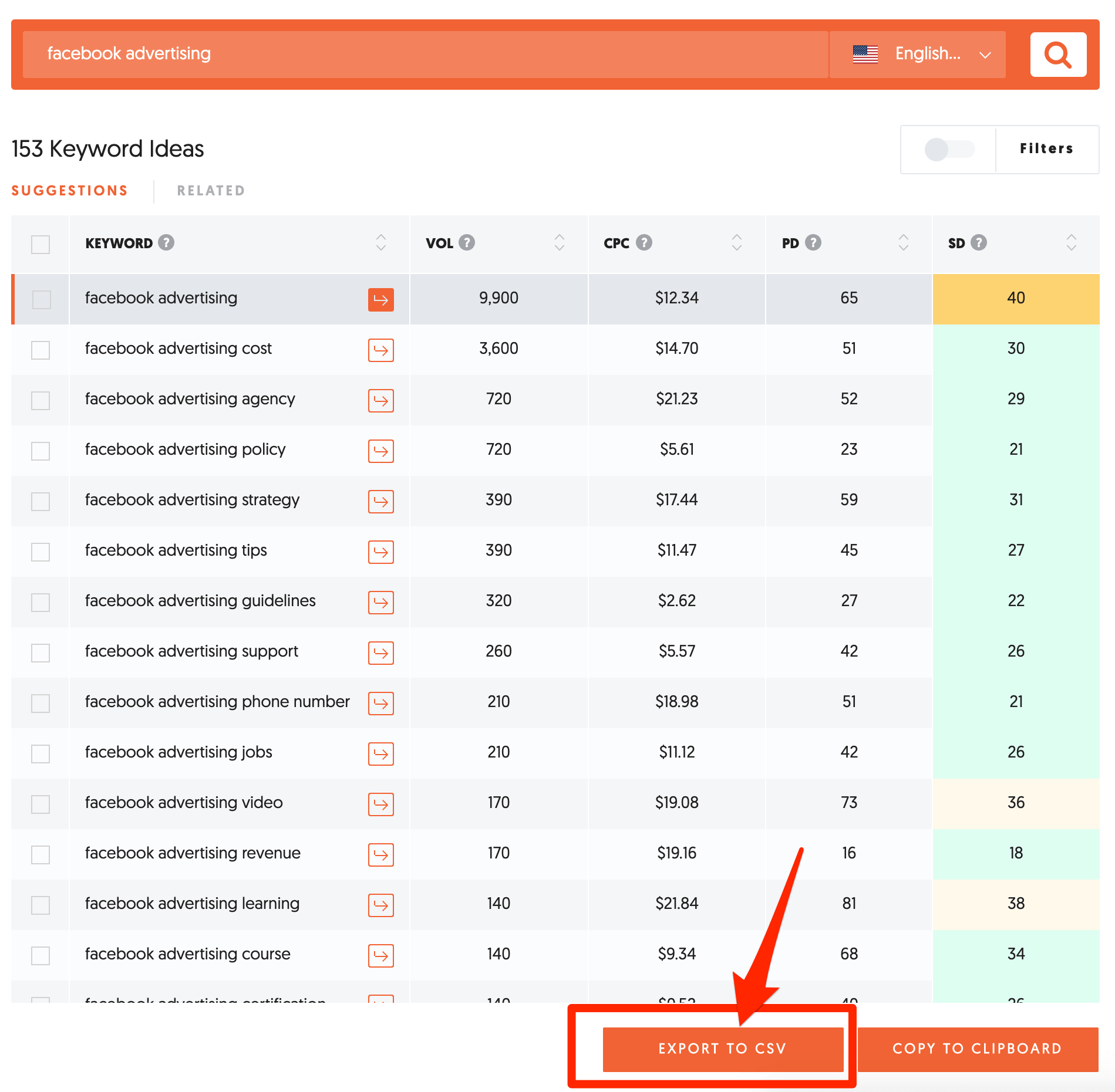 extracting all Ubersuggest data to a csv file