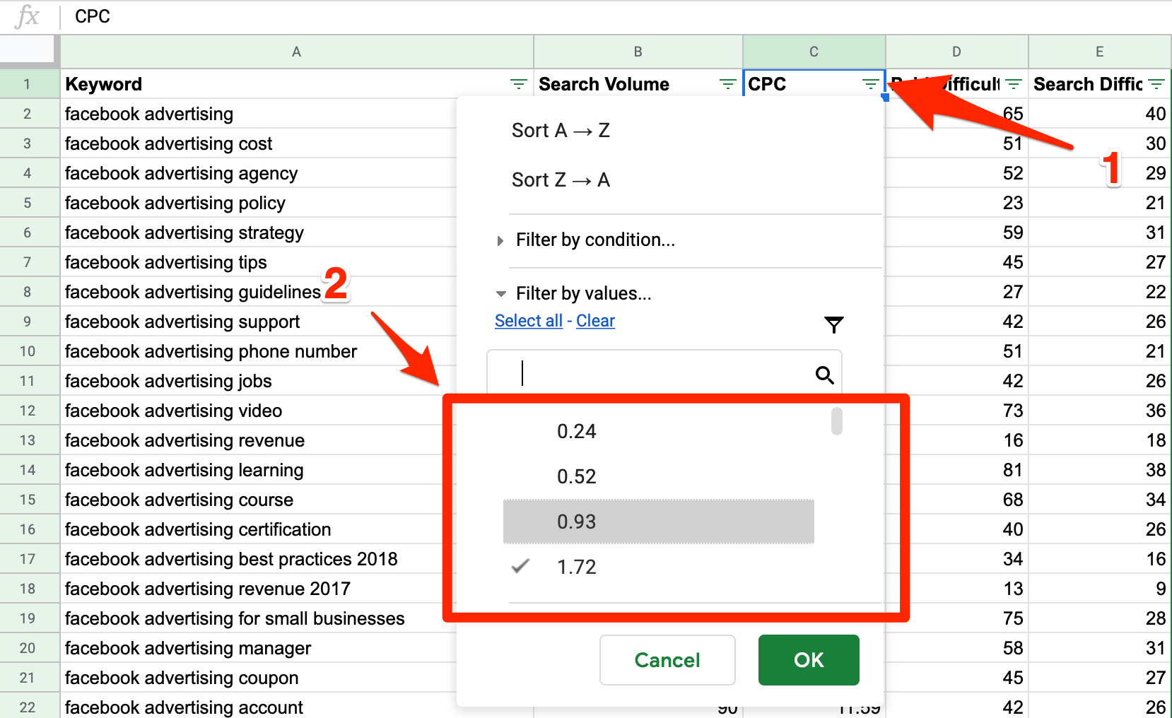 removing unwanted keyword data in Google Sheets