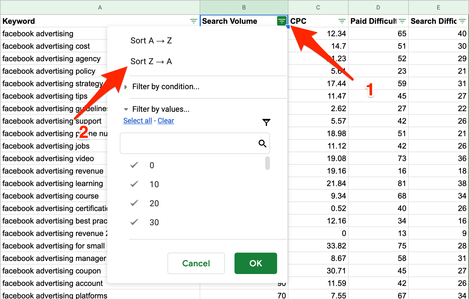 sorting Ubersuggest search volume data in Google Sheets