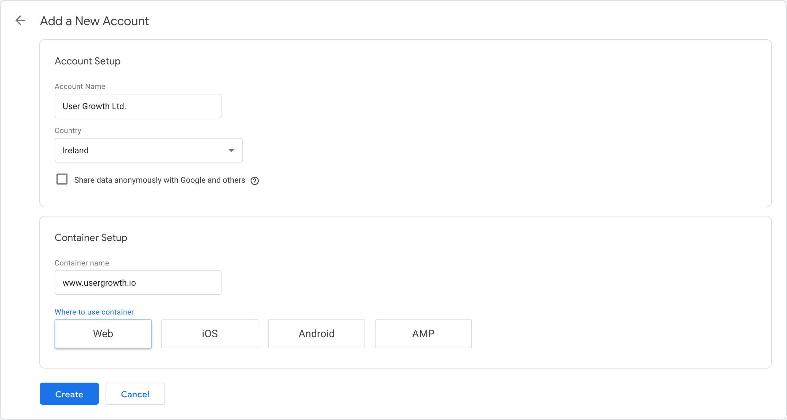 Creating a Google Tag Manager account step 1: account and container setup