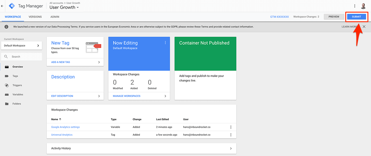 Creating a Google Tag Manager account step 5 publising your Google Analytics tag