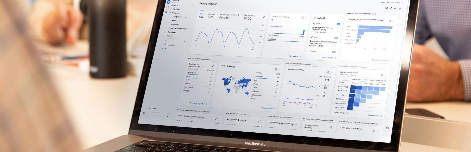 Op een laptop wordt een analytisch dashboard weergegeven met grafieken, diagrammen en kaarten, waarmee u via Google Analytics datatrends en statistieken kunt ontdekken.