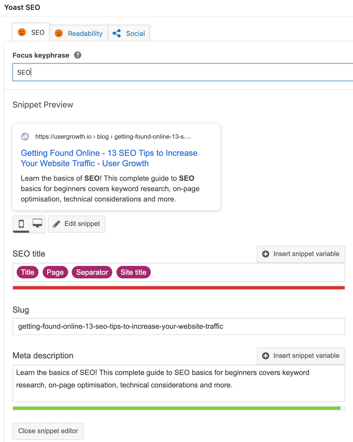 Yoast SEO Snippet Editor