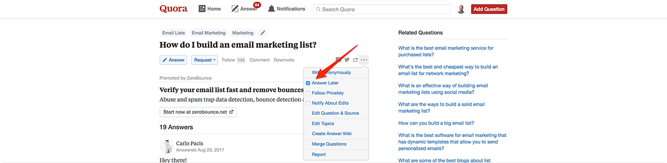 Quora mark a question to answer later