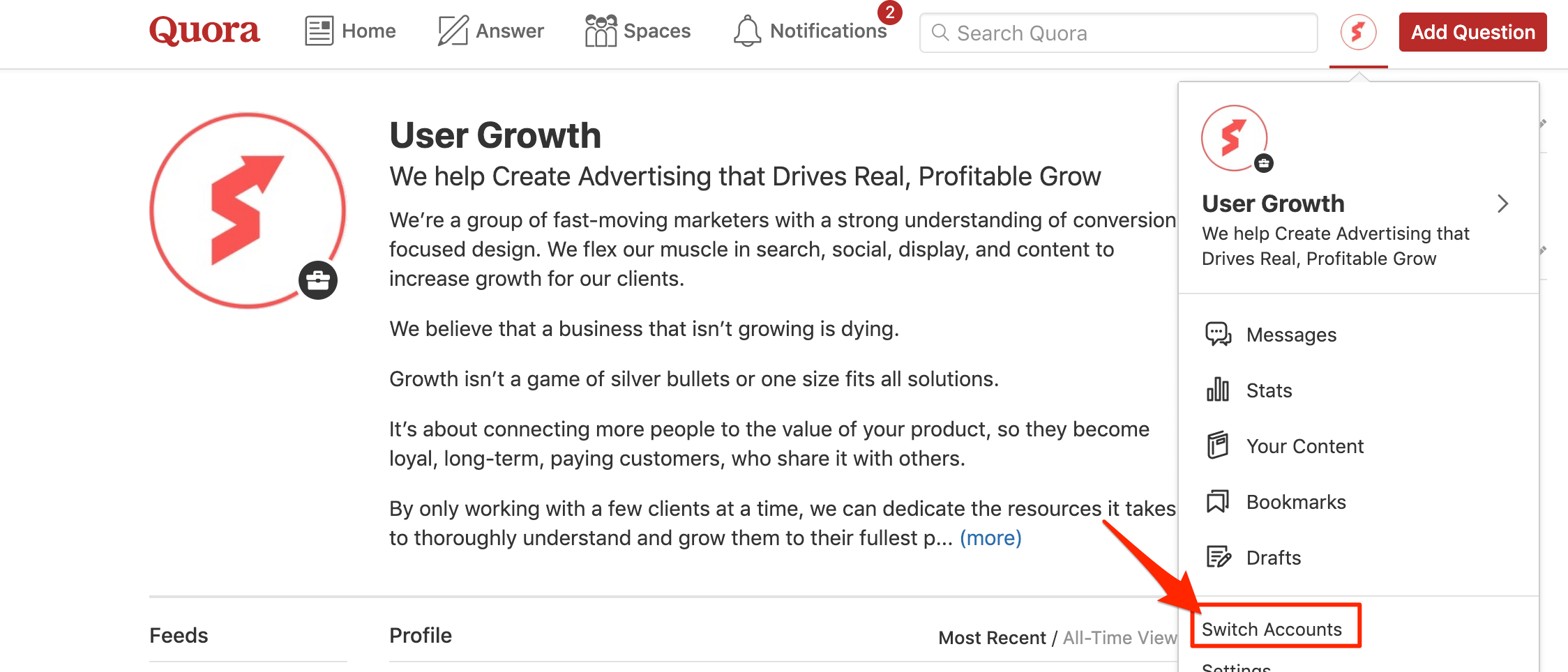 Switching between your business and personal accounts on Quora using the "Switch Accounts" option