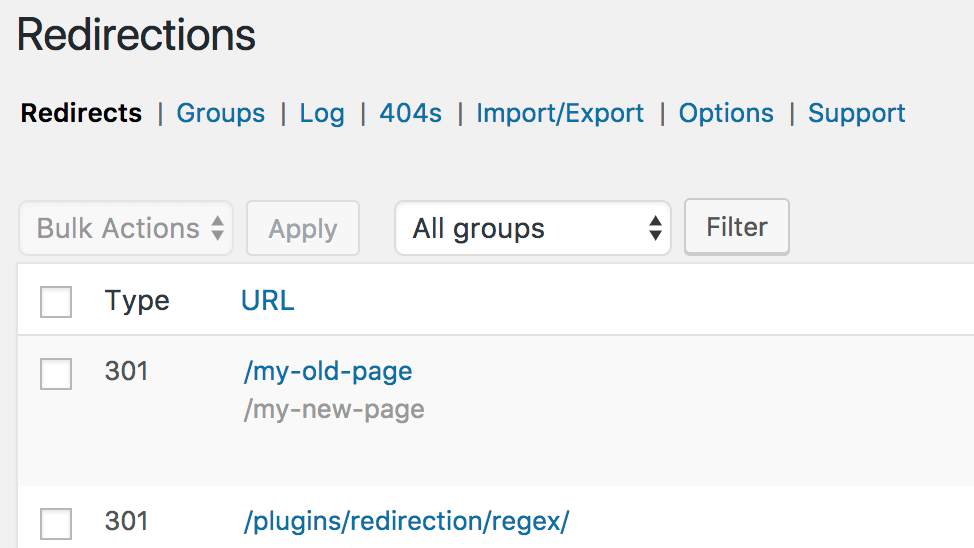 Using a WordPress plugin called Redirection to create redirects