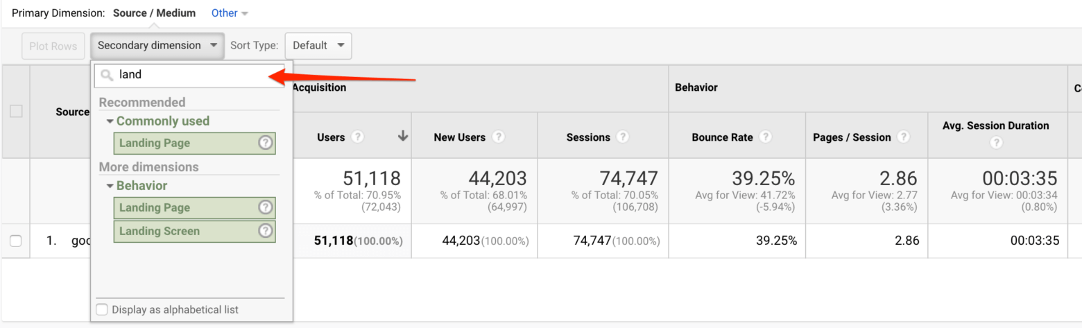 add "landing page" as a secondary dimension in Google Analytics