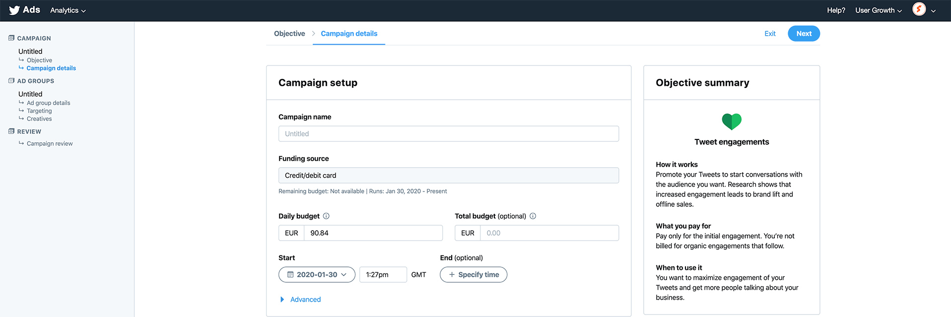 Twitter Ads Campaign Setup Screen