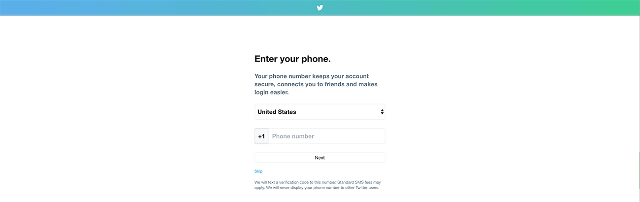 Step 2 in creating a Twitter account: optionally adding a phone number as an extra layer of security