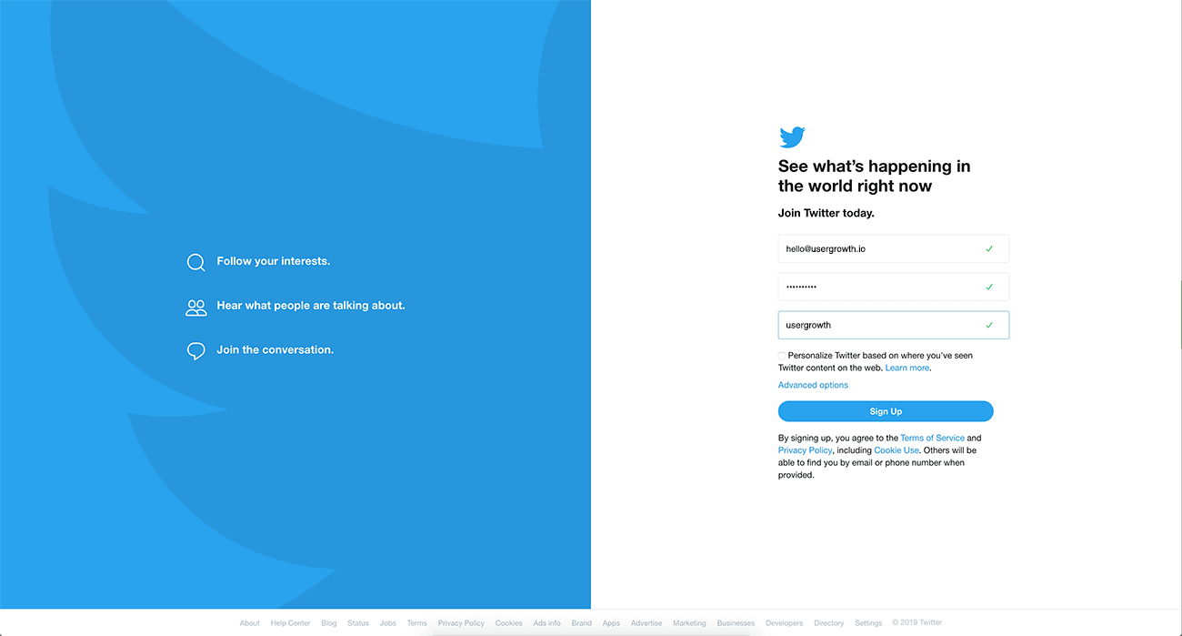 Step 1 in creating a Twitter account: filling in your email address, password to be used and your real name