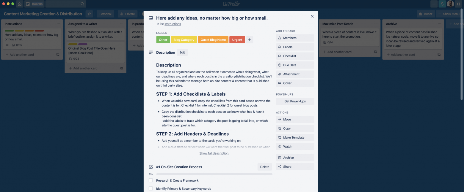 Content Marketing - Creation and Distribution Trello board