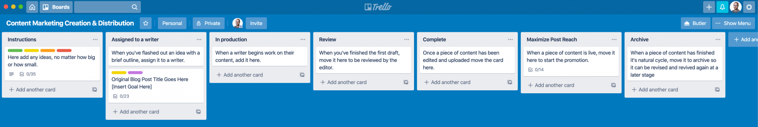 Trello Board - Content Marketing Creation and Distribution