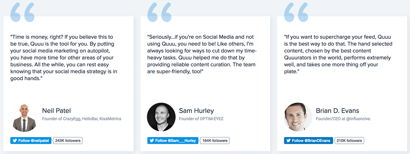 Social Proof in the form of testimonials on Quuu