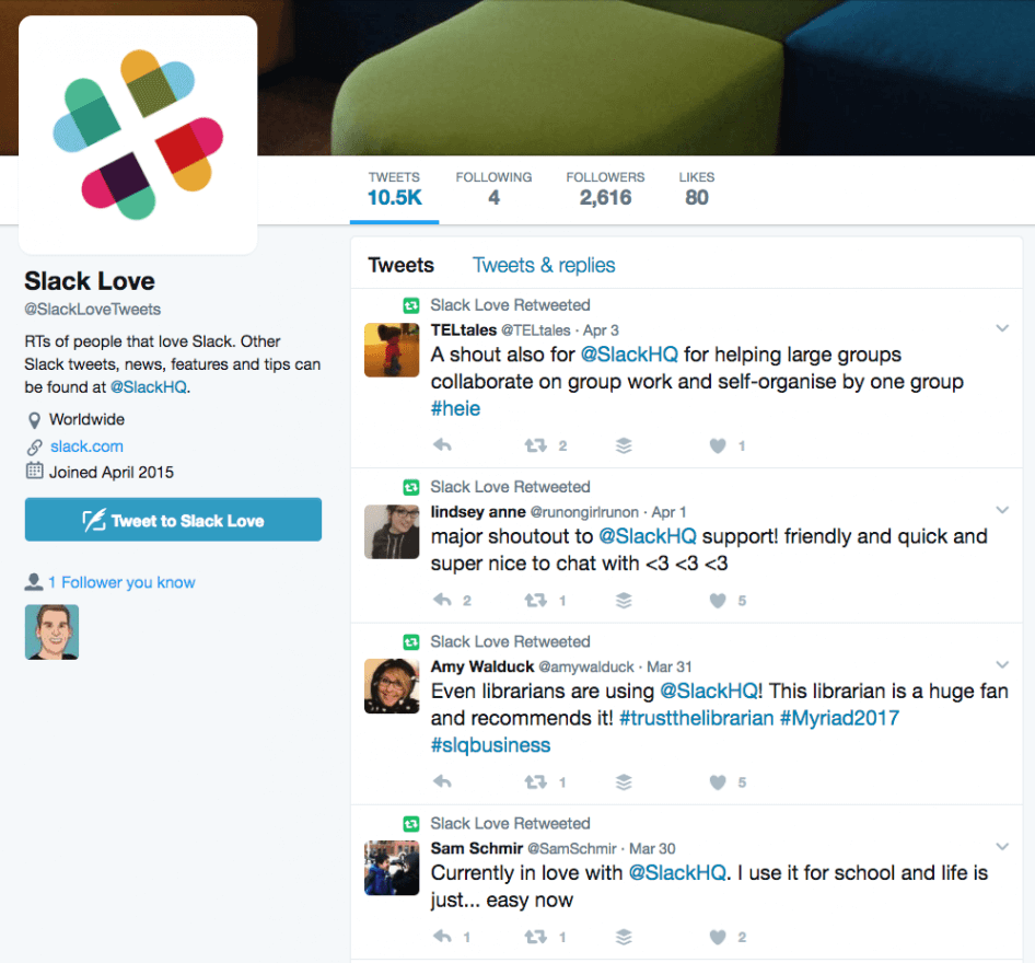 @SlackLoveTweets, retweets shout-outs from their users