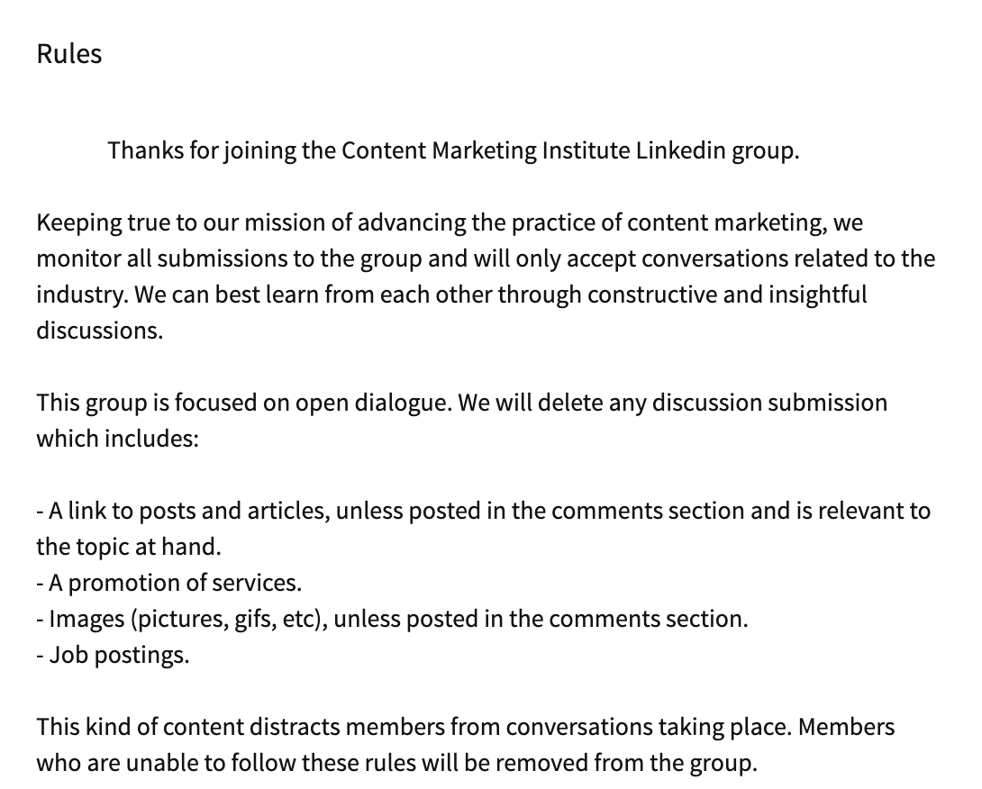 Content marketing institute LinkedIn group rules