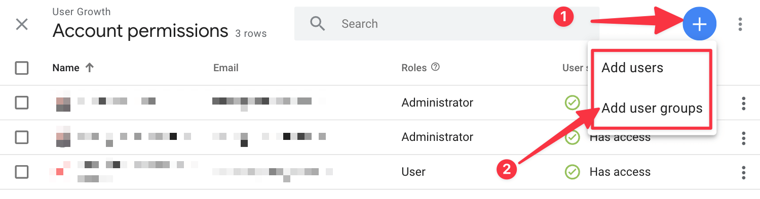 Add a user to Google Tag Manager, press the plus icon and then press "Add User"