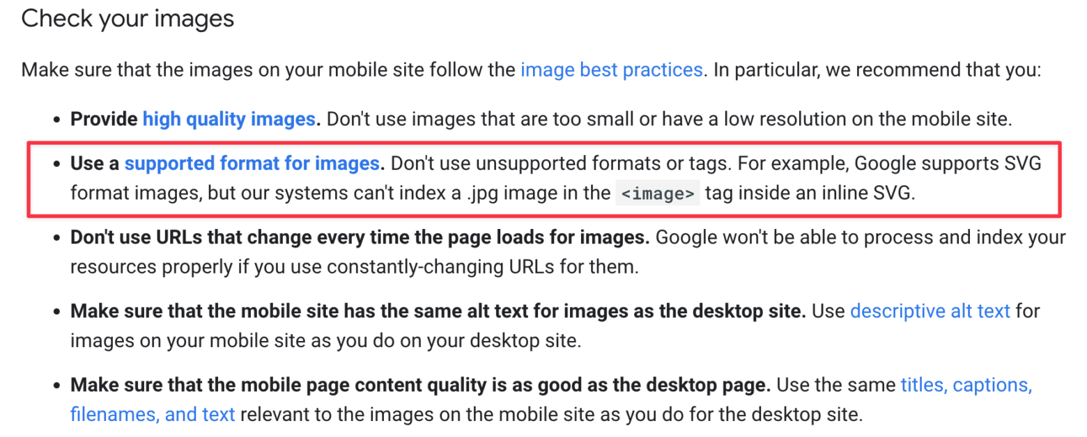 Don't use .jpeg images inside an inline SVG format as Google’s systems can’t index these.