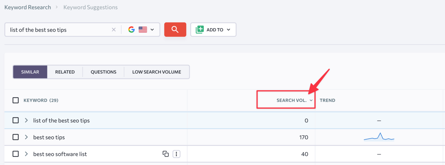 Sort keyword results by search volume in SE Ranking