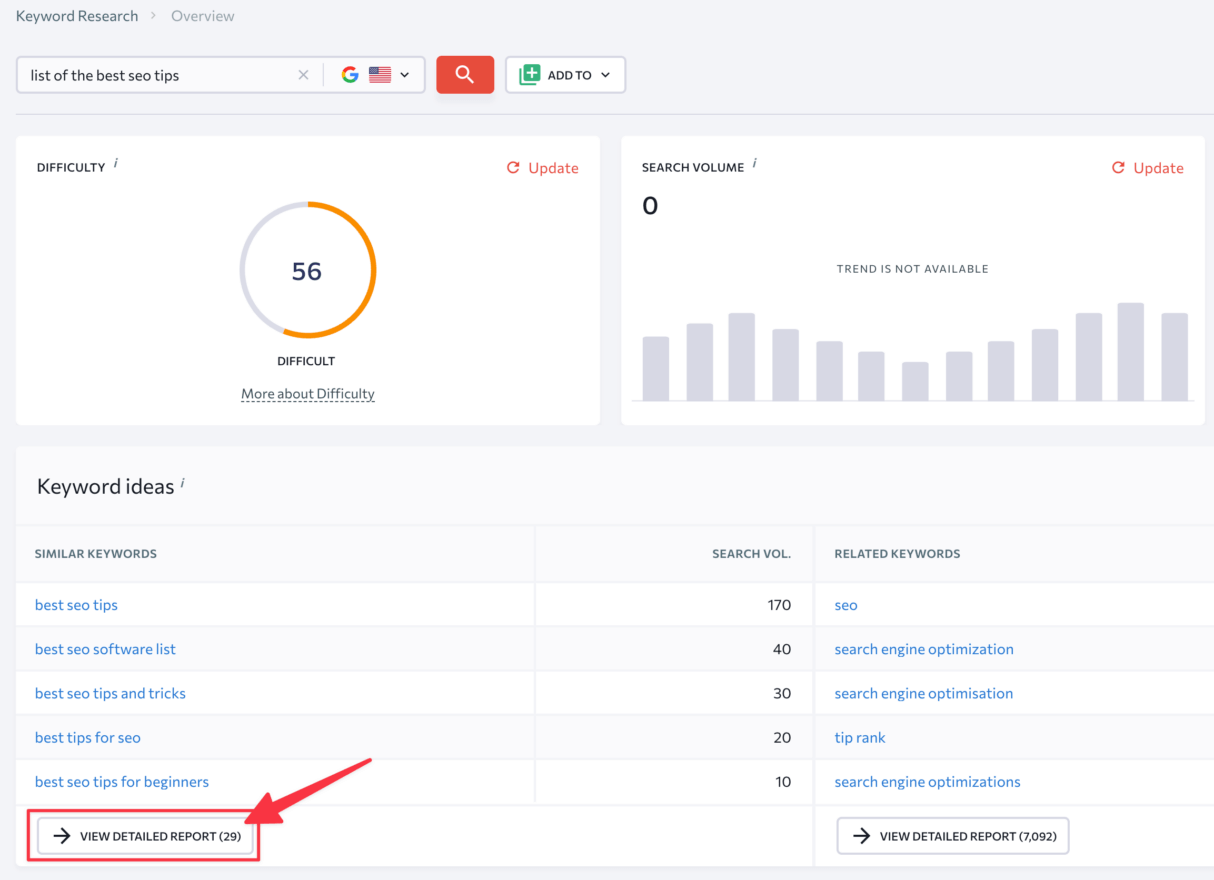 Using the detailed reports in the keywords idea section of SE Ranking