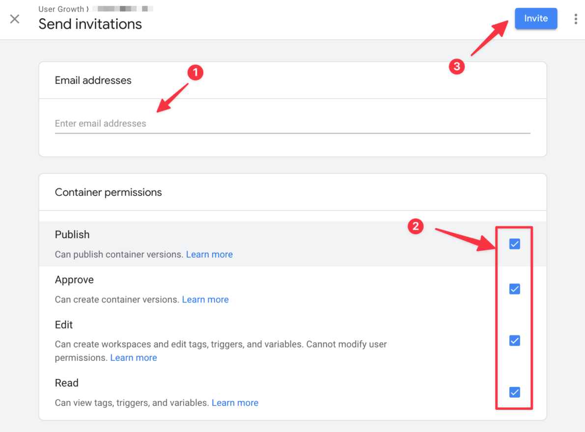 Setting the permissions for the new user at the container level in Google Tag Manager