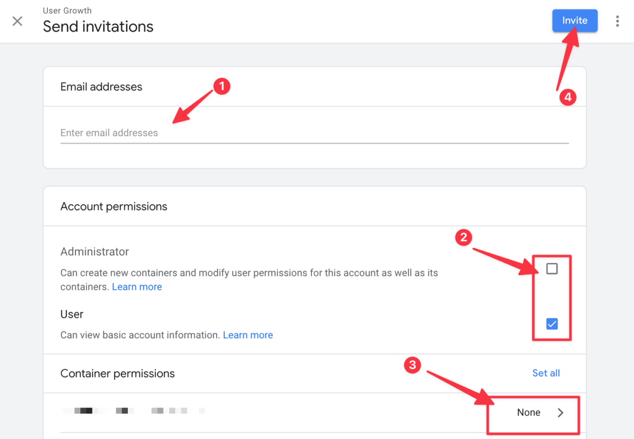 Setting the permissions for the new user in Google Tag Manager