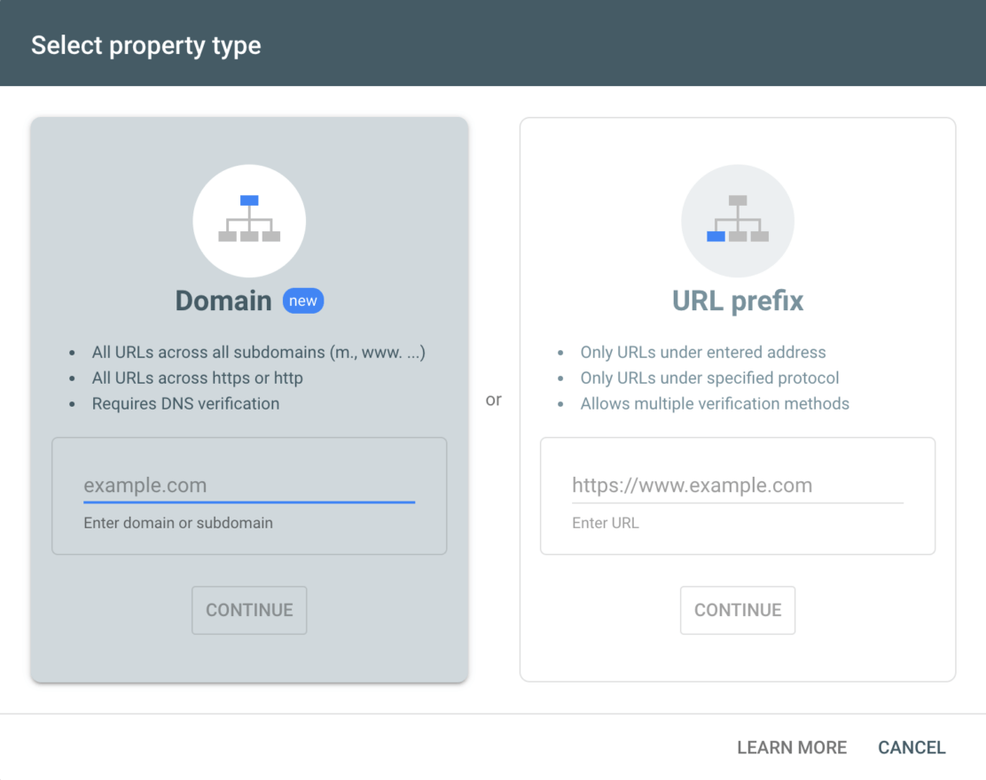 Adding a new property to Google Search Console