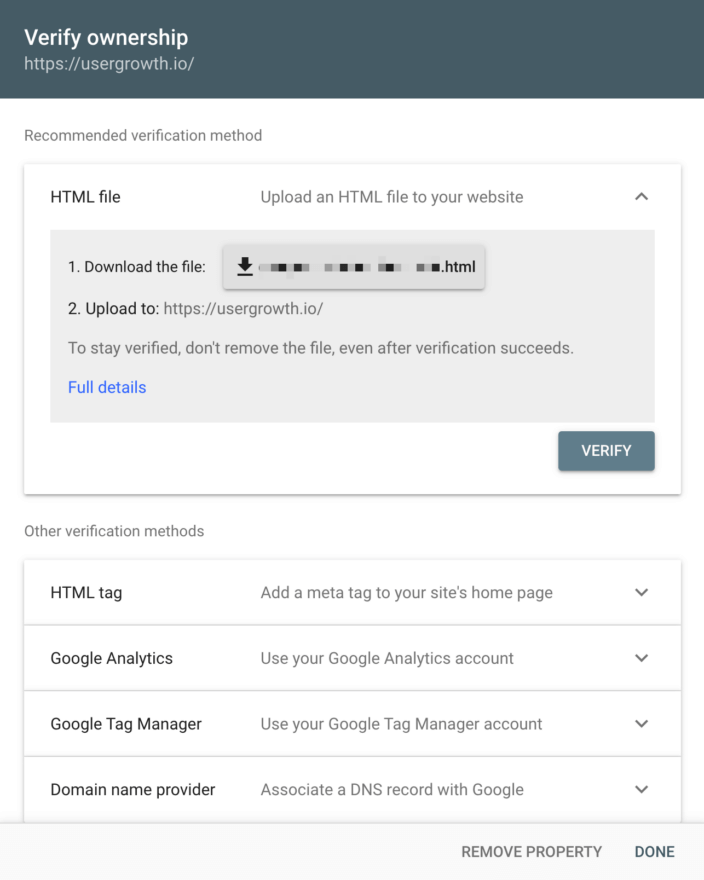 Verify ownership of your newly added Google Search Console Property