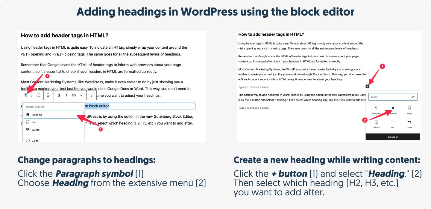 Adding headings in WordPress using the Gutenberg block editor