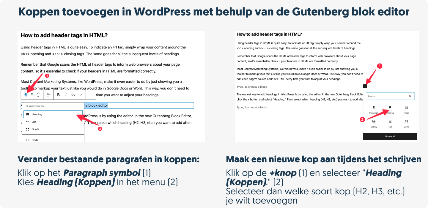 Koppen toevoegen in WordPress met behulp van de Gutenberg blok editor