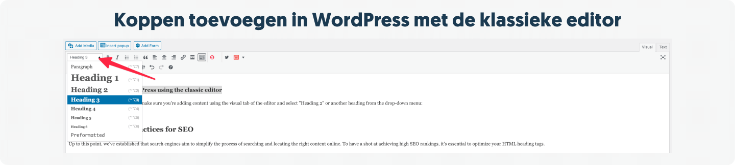Koppen toevoegen in WordPress met de klassieke editor