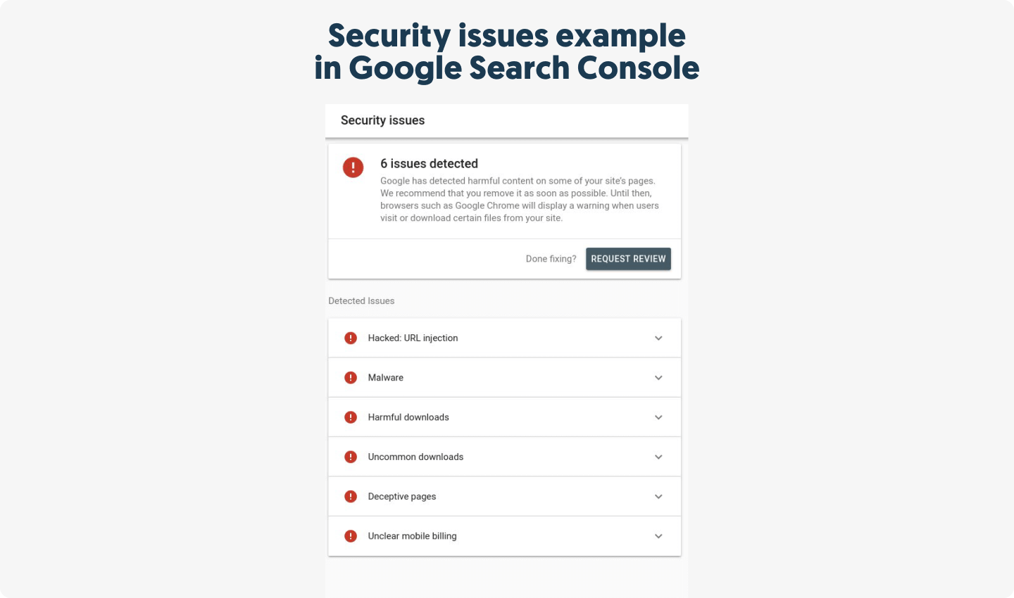 Example of security issues found in google search console