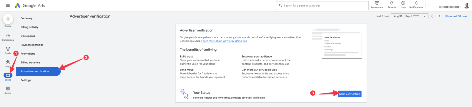 Google Ads account verification - step 1