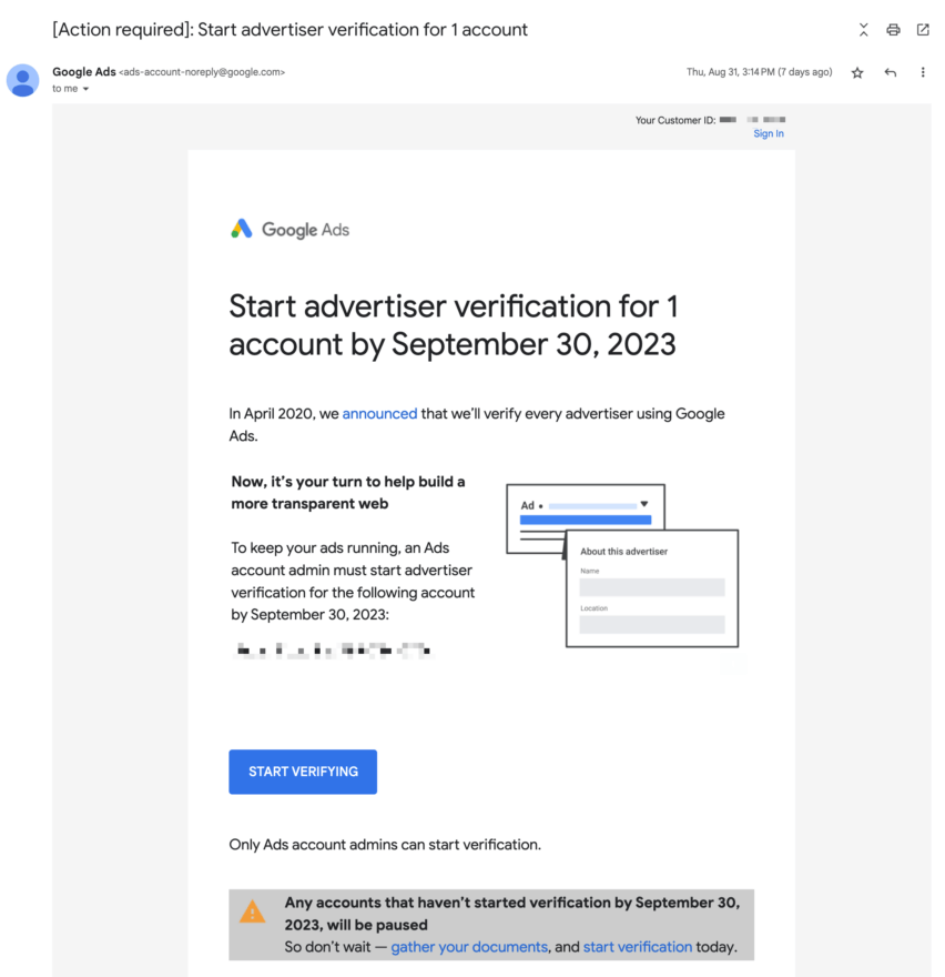 Google Ads verification invite email with clear deadline