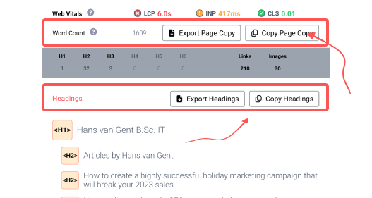 Export or copy page copy and headers with 1 click