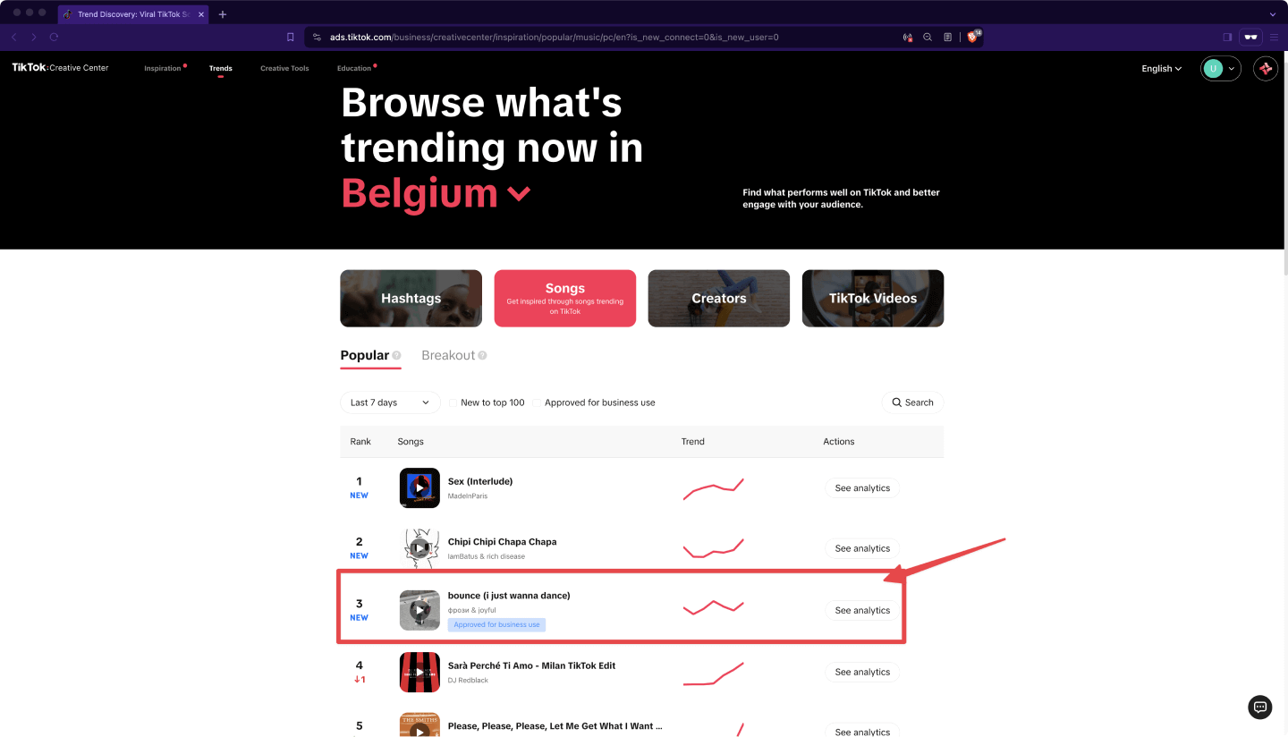 Browse the latest trending songs in your region on the TikTok Creative Center, including the ones marked for business use.