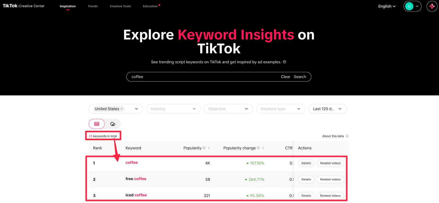 Finding trending keywords using the keywords insights search functionality on TikTok