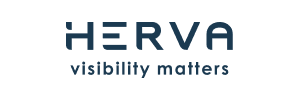 Logo de Herva avec le slogan « La visibilité compte » en dessous en texte bleu.