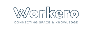 Logo de Workero avec le slogan « Connecting Space & Knowledge » en dessous, mettant en valeur l'engagement de la marque envers l'innovation et la collaboration.