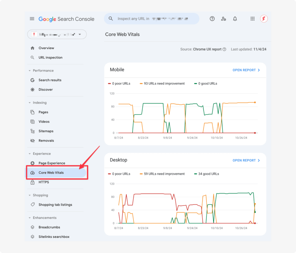 The Google Search Console interface displays Core Web Vitals data, crucial for SEO enhancement. 