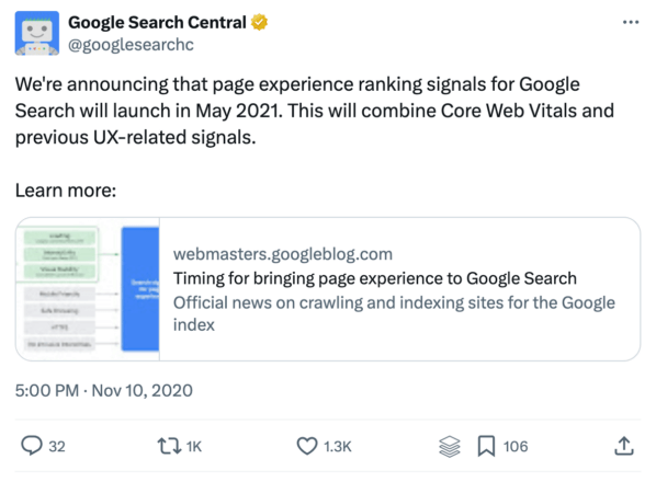 Google Search Central tweeted the launch of page experience ranking signals in May 2021, combining Google Core Web Vitals with existing UX metrics. This update offers an opportunity to enhance SEO by improving Core Web Vitals for a more refined user experience.