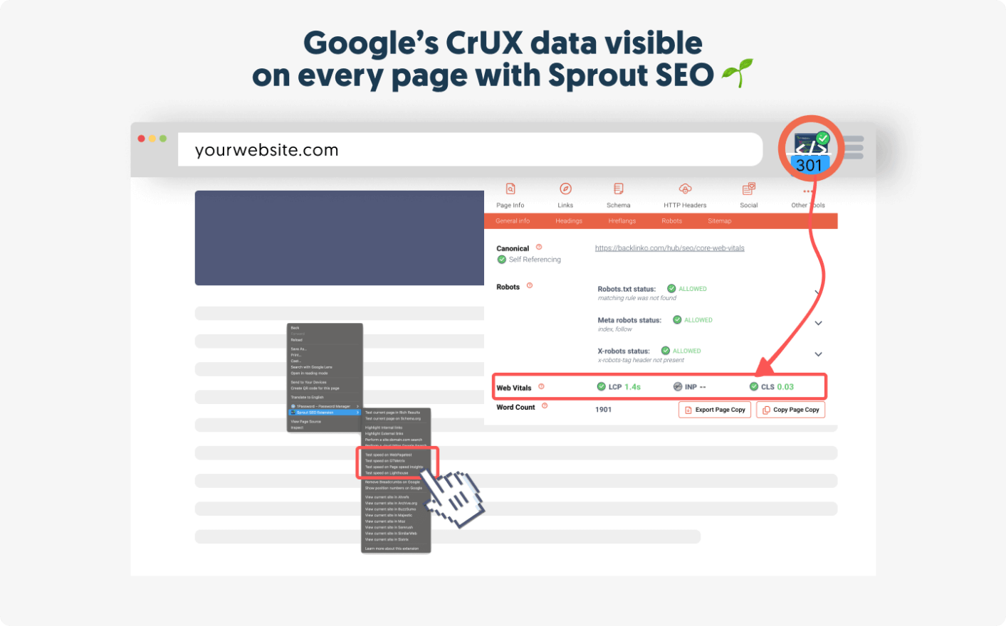 Google's CrUX data visible on every page with the Sprout SEO 🌱 Extension