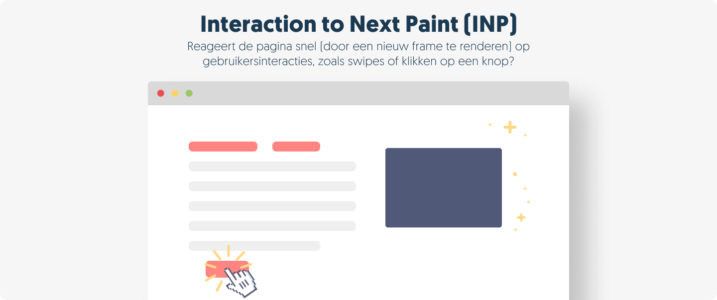 Interaction to Next Paint (INP) - Reageert de pagina snel (door een nieuw frame te renderen) op
gebruikersinteracties, zoals swipes of klikken op een knop?