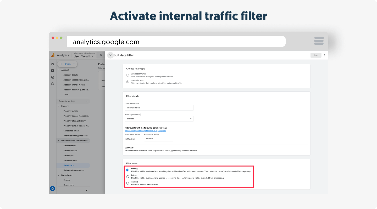 Activate internal traffic filter in Google Analytics 4