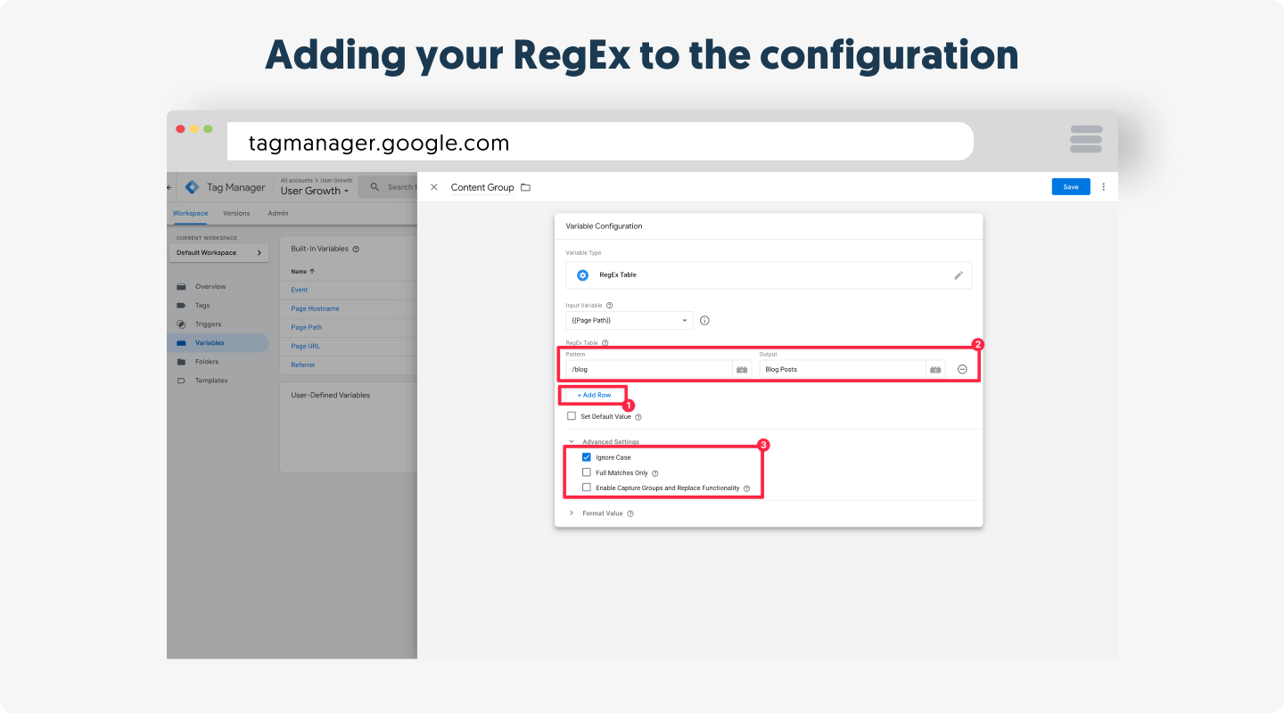 Adding your RegEx to the configuration in Google Tag Manager