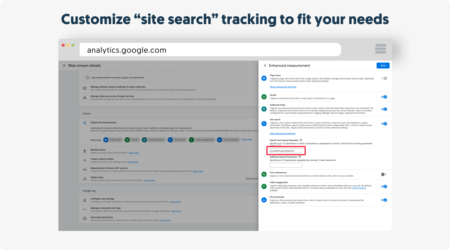 Customize "site search" tracking to fit your needs in GA4