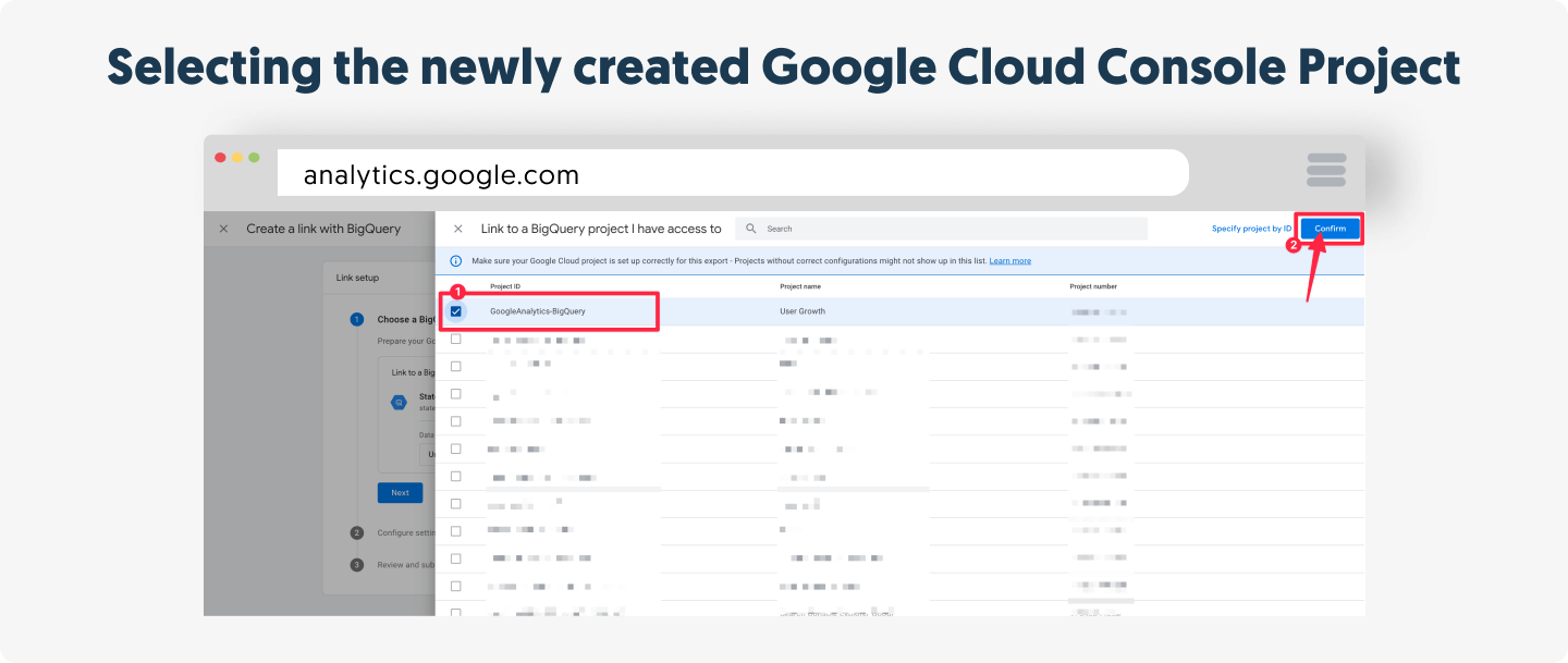 Selecting the newly created Google Cloud Console Project