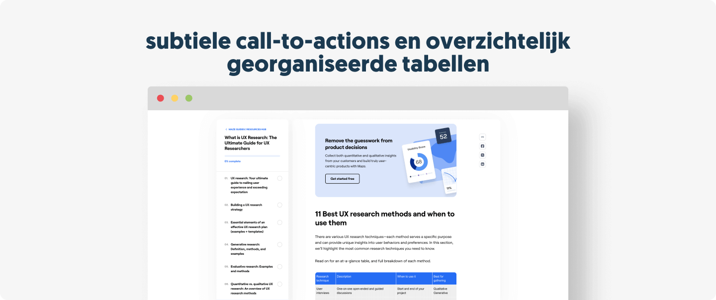 Subtiele call-to-actions die hun producten promoten zonder opdringerig te zijn en overzichtelijke tabellen om gegevens op een visueel aantrekkelijke manier te presenteren.